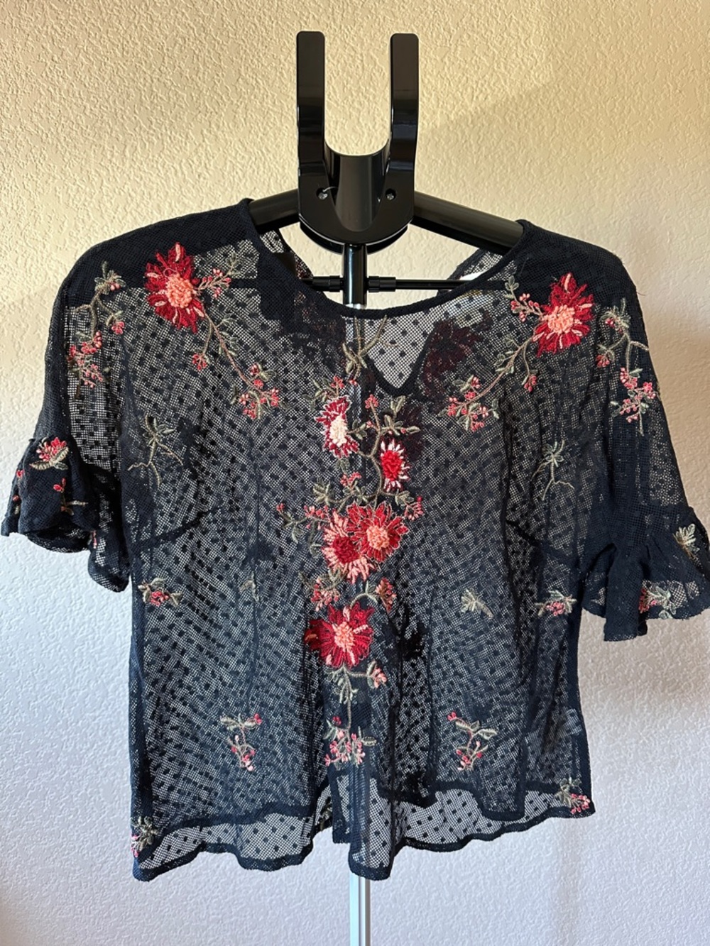 Maeve Blue-Black Sheer Floral Embroidered Blouse with Red Flowers